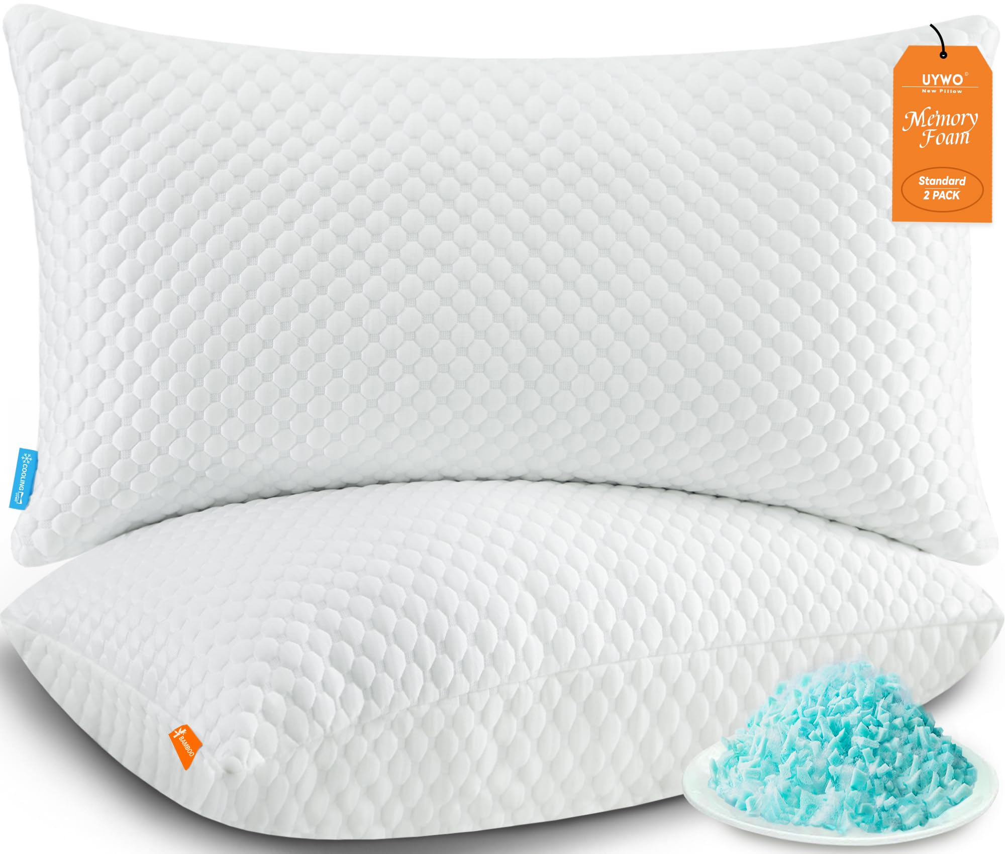 UYWO Cooling Pillows Standard Size Set of 2, Adjustable Memory Foam Pillows