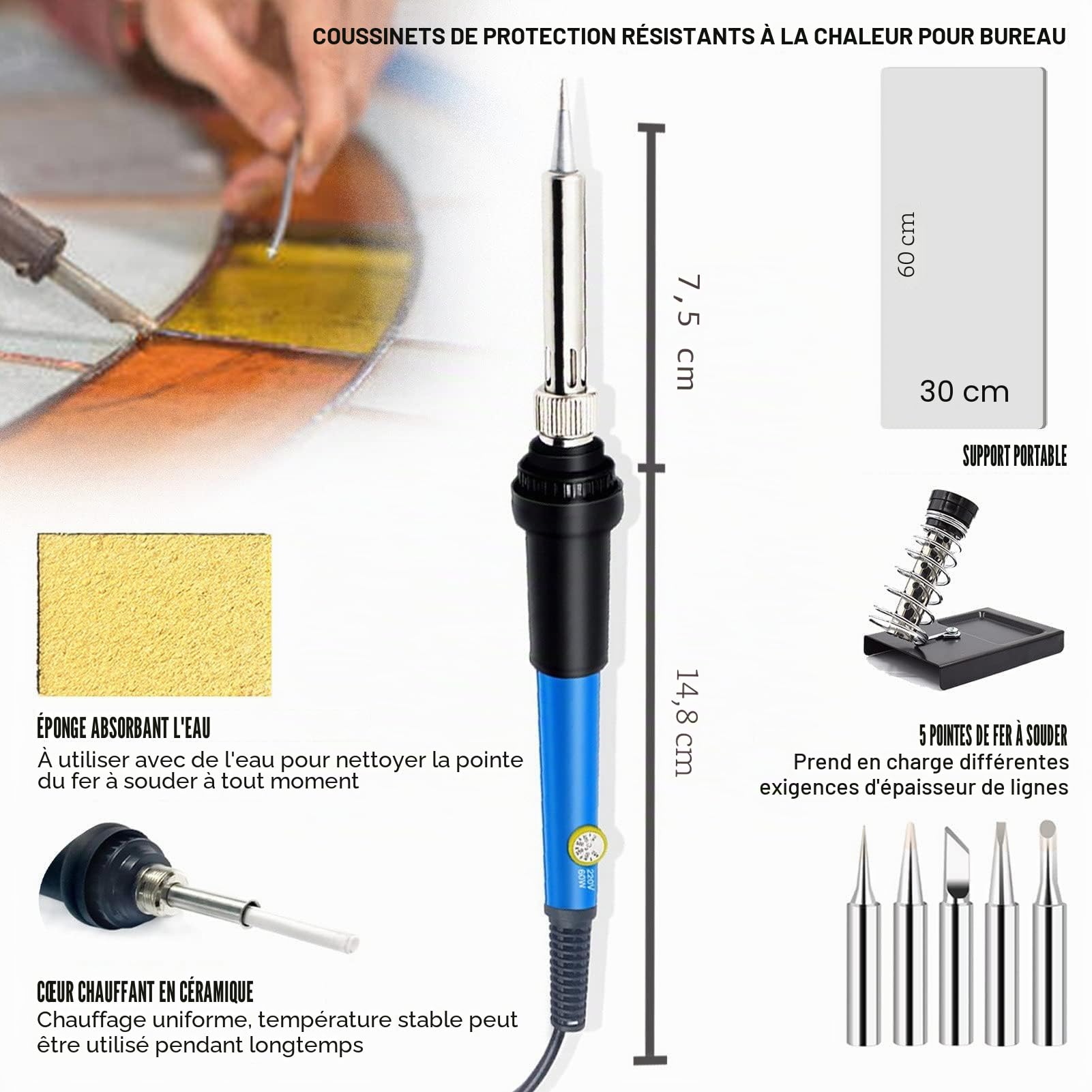 Kit de Vitrail Professionnel Ensemble de Démarrage, avec Ensemble d'Outil de Découpe de Verre, Kit de Fer à Souder 60 W, Ruban de Cuivre de 2 m, Fil à Souder de 500 g, Gants Résistants aux Coupures