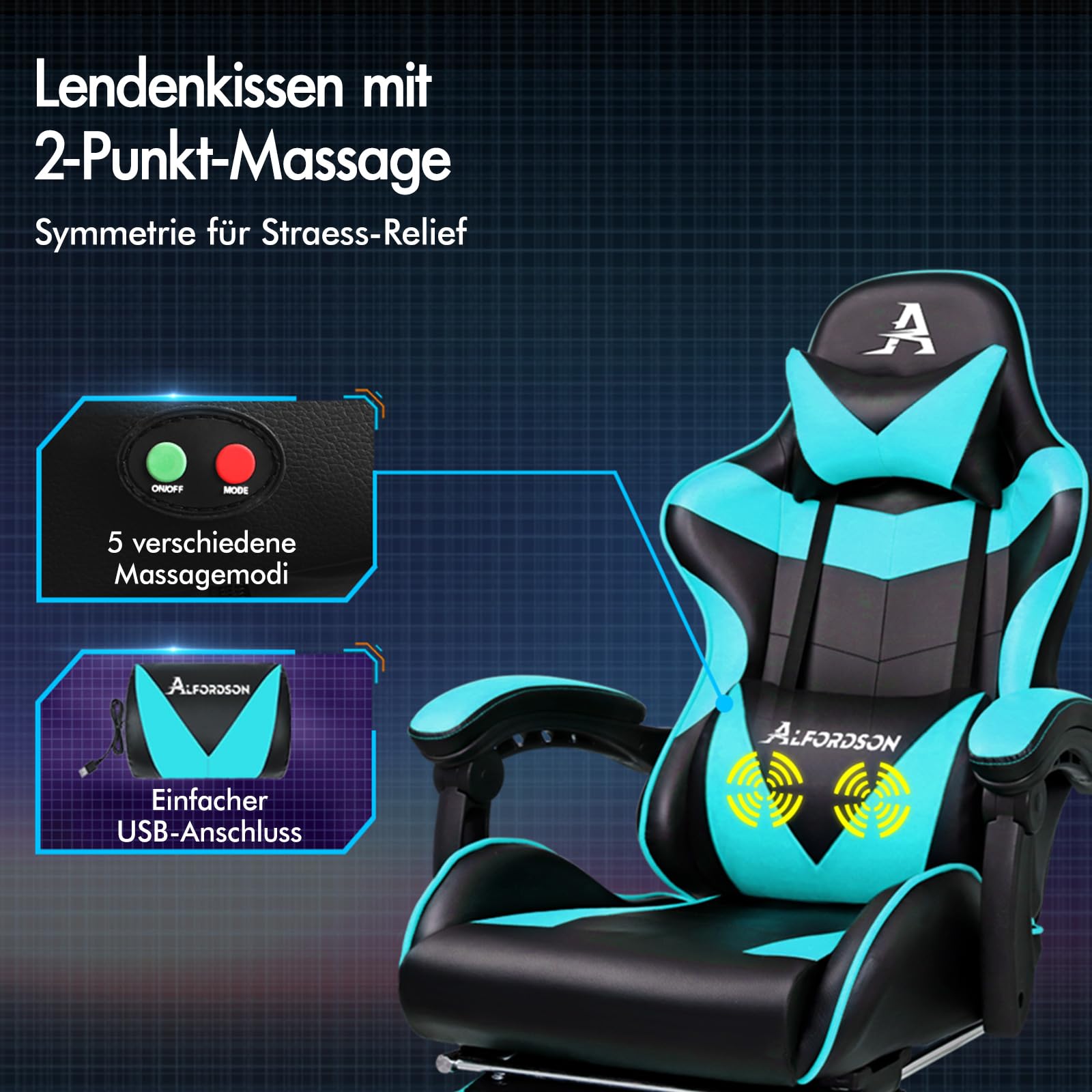 ALFORDSON Gaming Stuhl Mit Massage & Fußstütze - Ergonomischer Gamerstuhl Bis 180kg