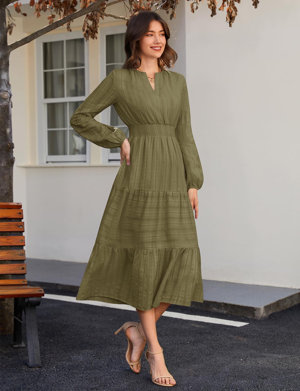 Robe Femme Manches Longues Col en V Automne | Taille Haute, A-ligne, Coton, Robe Décontractée, Taille Froncée, avec Poches, Chic Et Elegant, Printemps, Automne, Hiver