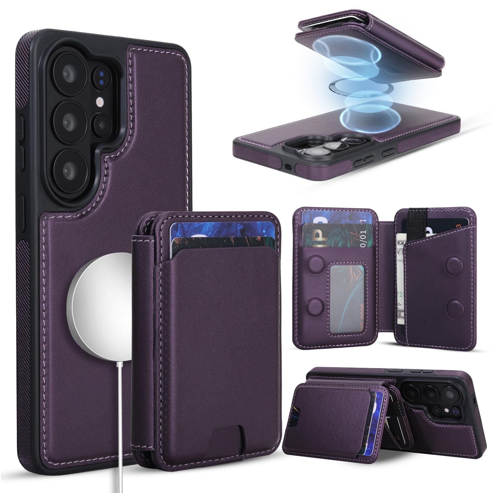 Magnetic Detachable Wallet Case for Samsung Galaxy S24 Ultra with Kickstand,2-in-1 MagSafe Compatible RFID Blocking Card Holder,Slim PU Leather Cover Purple