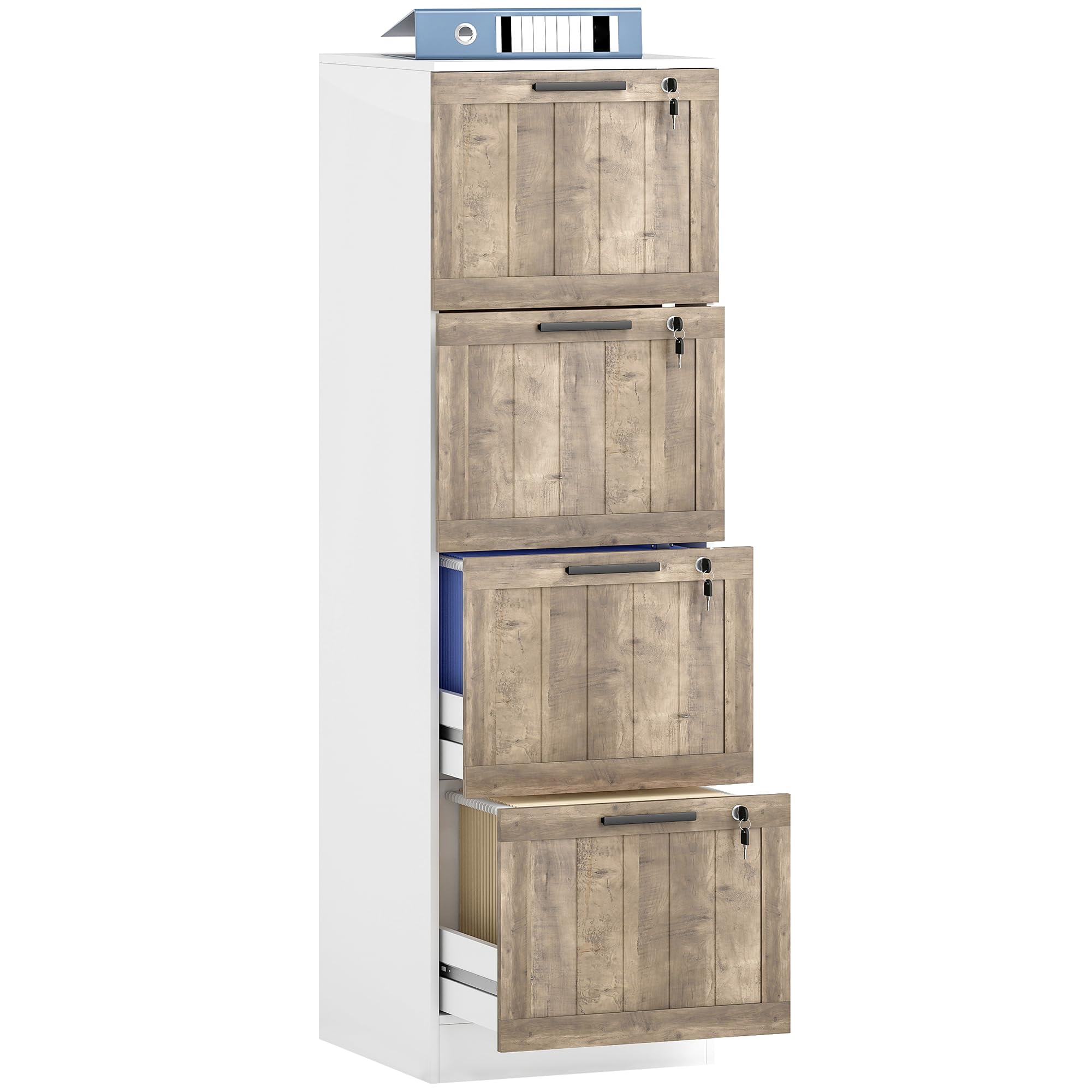 HOMCOM Armoire à tiroirs de Bureau avec 4 tiroirs Armoire à tiroirs de Bureau avec Serrure 2 clés Barres de Suspension pour A4 Lettre à dossiers Mobile pour 39,4x40x129 cm Blanc & Bois