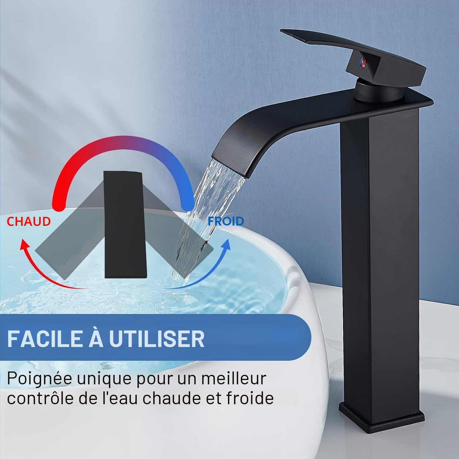 Robinet de lavabo cascade, noir, cascade, haut, moderne, mitigeur monocommande en laiton, économie d'énergie, économie d'eau