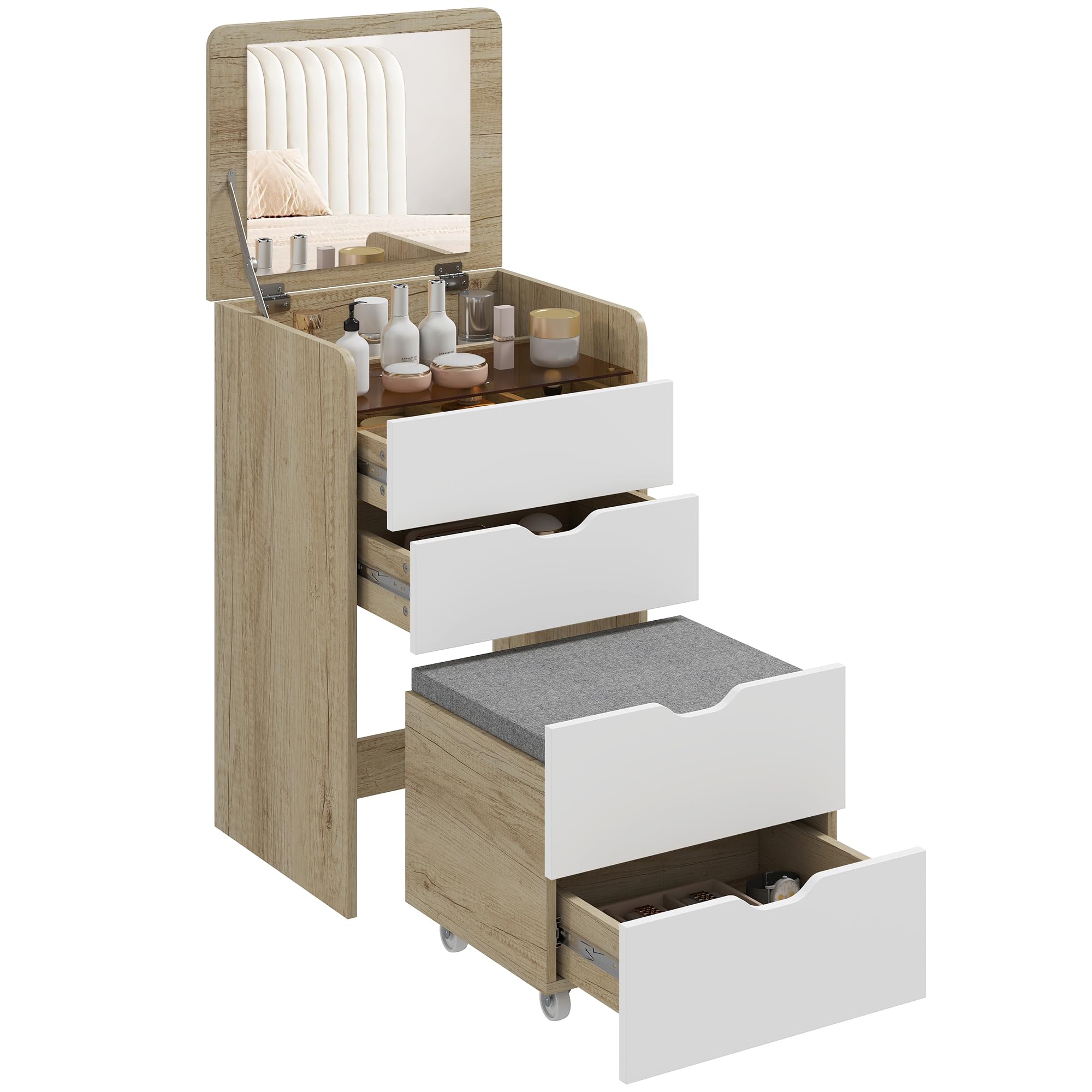HOMCOM Postazione Trucco 3 in 1 con Specchio a Ribalta, Sgabello a Scomparsa, Toeletta Trucco con Sgabello Imbottito a Ruote, 3 Cassetti, Piano in Vetro Visibile, Vano, Salvaspazio, Rovere e Bianco