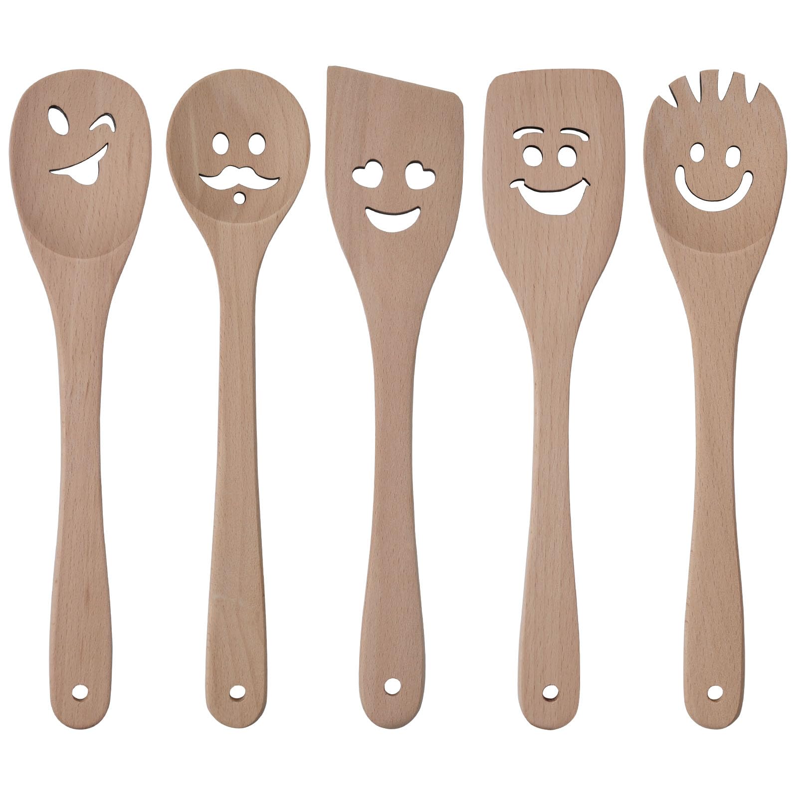 HANSGO 5PCS Wooden Cooking Utensils, 12in Cute Wooden Spatulas, Cast Scraper, Smile Cooking Wooden Spoons, Multipurpose Utensil