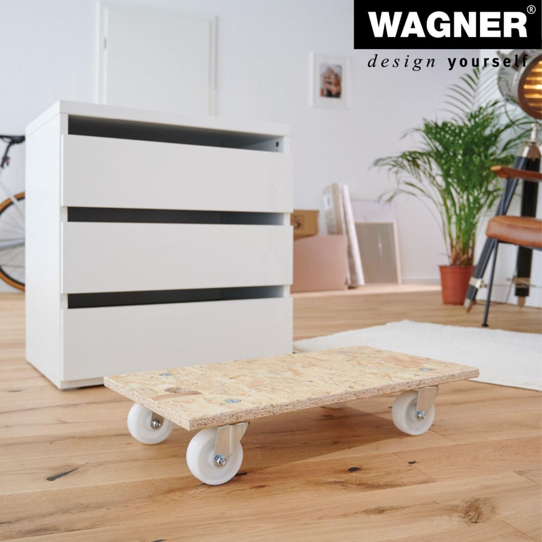 WAGNER Transportroller Transporthilfe 1630 I Möbelroller aus OSB I 57,5 x 300 x 12 cm, Tragkraft 400 kg I Schwerlastrollbrett I Umzugsroller für Möbel I Lastenroller Aufhängeloch I FSC® I Made in DE