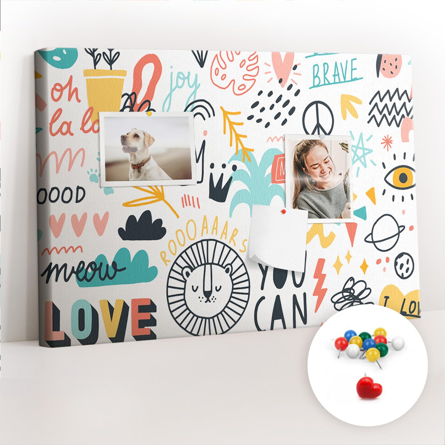 Pinnwand Korkmaterial Set inkl. Stecknadeln | Funktionale Infotafel für Büro, Schule, Küche | Organisation von Aufgaben, Notizen, Terminen, Fotos, Projekten 60x40 - bunt - Handzeichnungen