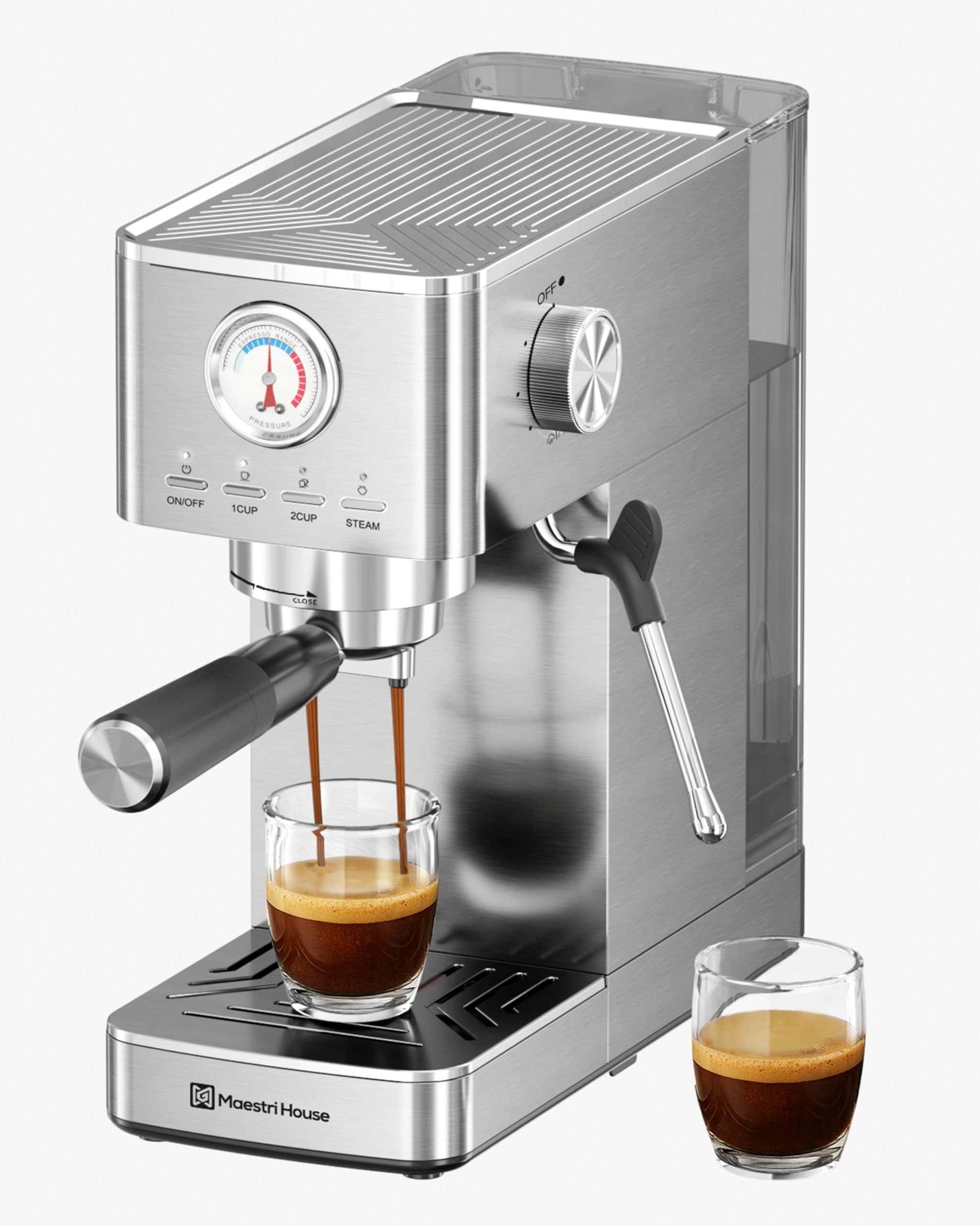 Maestri House Espresso Machines 20 Bar ULKA Pump, Compact Espresso Maker Built-in Flow Meter Steam Milk Frother, 43oz Removable Water Tank Stainless Steel Coffee Machine for Cappuccino, Latte, Silver