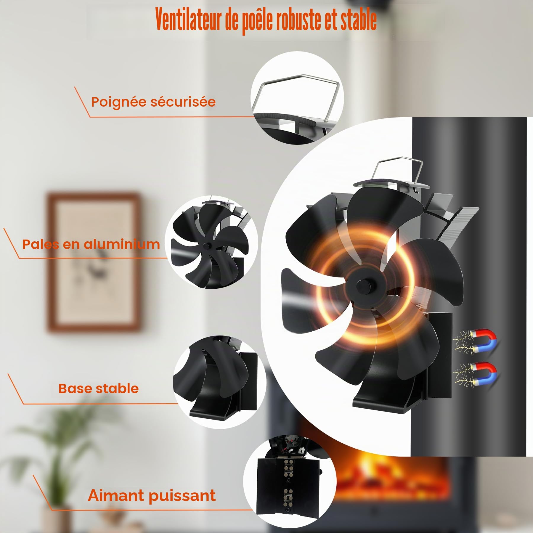 Ventilateur de poêle magnétique 3 en 1 - 6 feuilles - Avec thermomètre - Fonctionnement silencieux - Fonctionne à la chaleur - Sans électricité - Pour bois/brûleur à bois/cheminée - Avec 1 anneau de