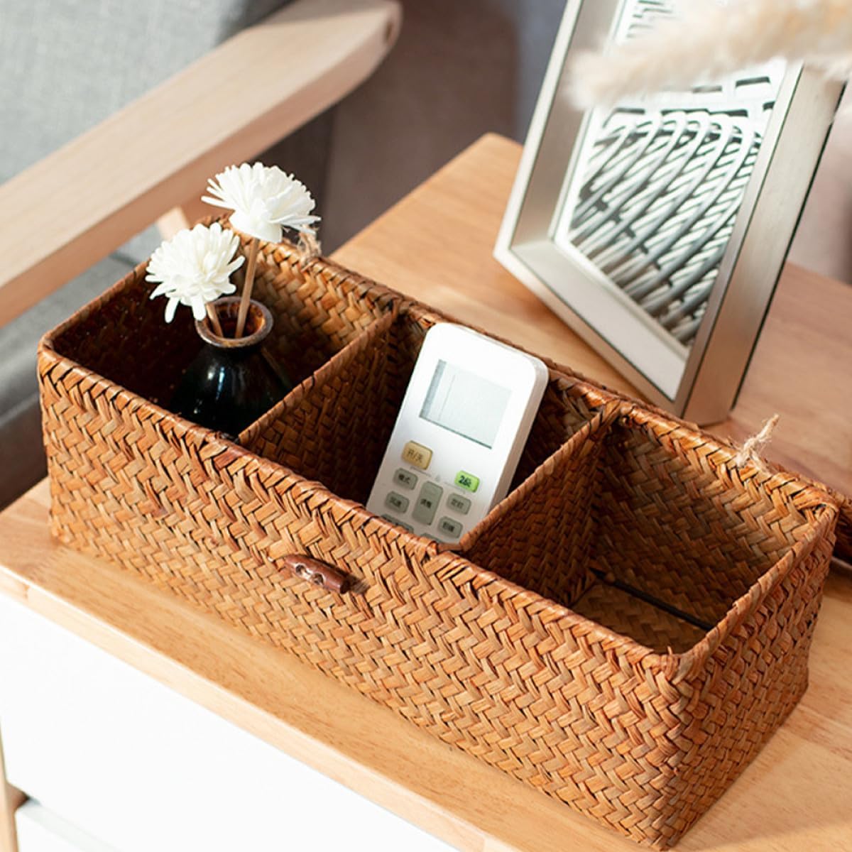 Woven Storage Basket with Lid, Straw Divided Desktop Organizer for Jewelry and Tea Bags, Multifunctional Coffee Bar Essentials Basket for Countertop Storage and Home Use image 5