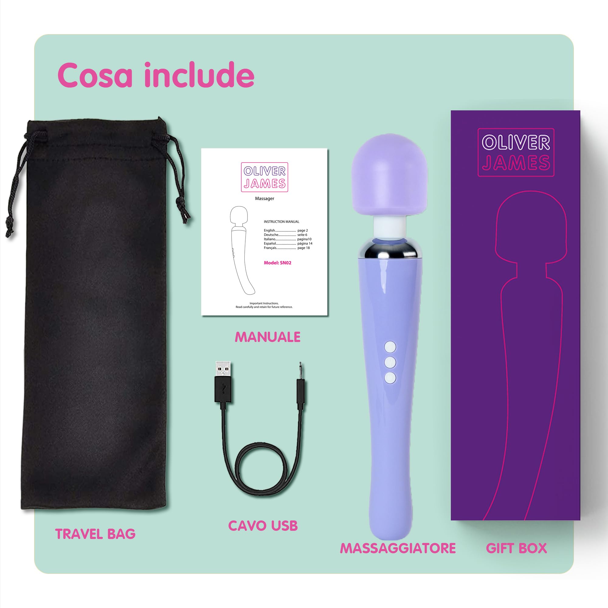 Oliver James Massaggiatore Personal Massager - Grande - Massaggiante Personale Elettrica, 20 modalità di vibrazione e 8 velocità, borsa da viaggio - Ottimo da usare dopo lo sport (Lilla)