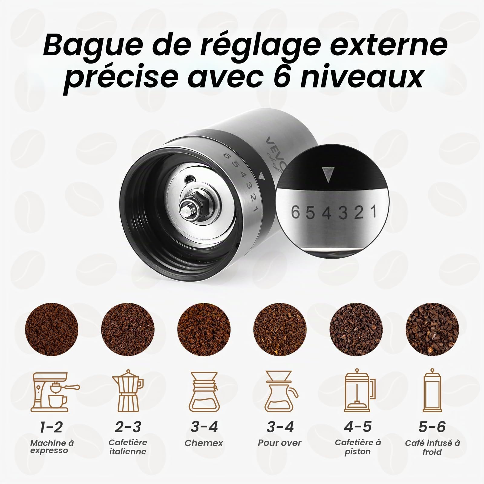 Vevok Chef Moulin à Café Manuel avec 6 Réglages Externes pour Espresso à French Press, Meule Conique en Acier Inoxydable, Idéal pour Maison, Bureau ou Voyages, Argent