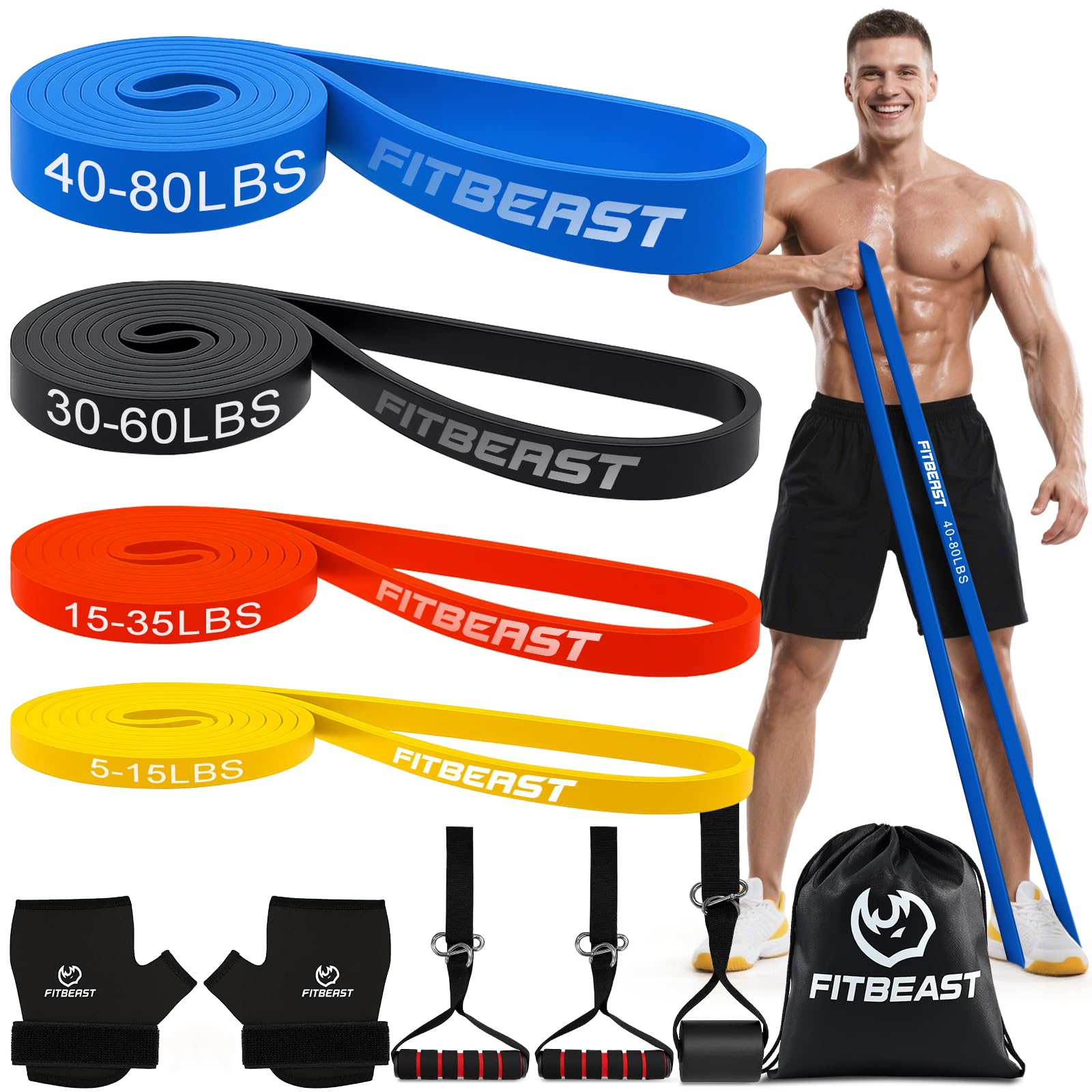 FitBeast Widerstandsbänderset, Fitnessbänder/Trainingsbänder mit Handschuhen & Türanker für Krafttraining & Training zu Hause