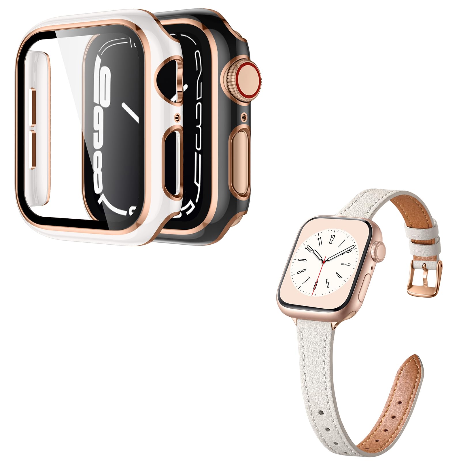 Charlam 2 Pack Elegant Apple Watch Case 40mm & Genuine Slim Leather Apple Watch Band for iWatch SE Series 6 5 4