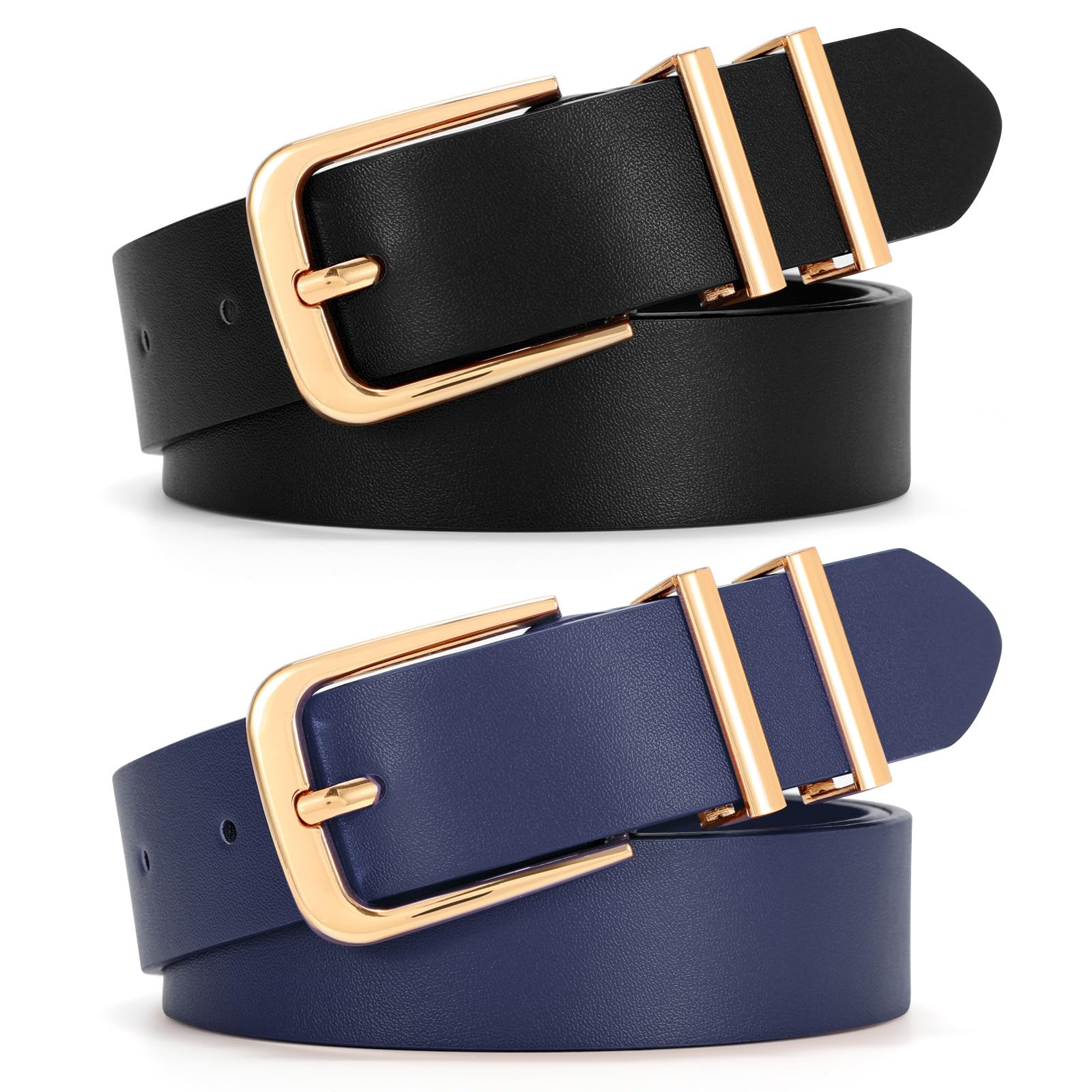 SANSTHS 2 Pack Women Belt for Jeans Pants, Simple Fashion Ladies Waist Belt with Gold Buckle, 1inch Width