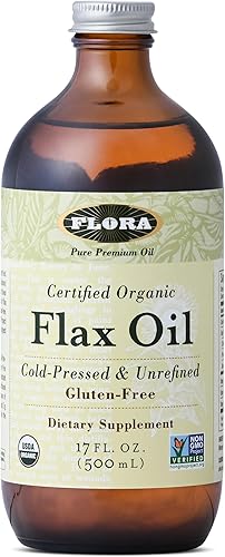 Flora Aceite de semilla de lino orgánico certificado, prensado en frío y sin refinar, sin OMG, sin gluten, mezcla de aceite de lino Kosher Omega -