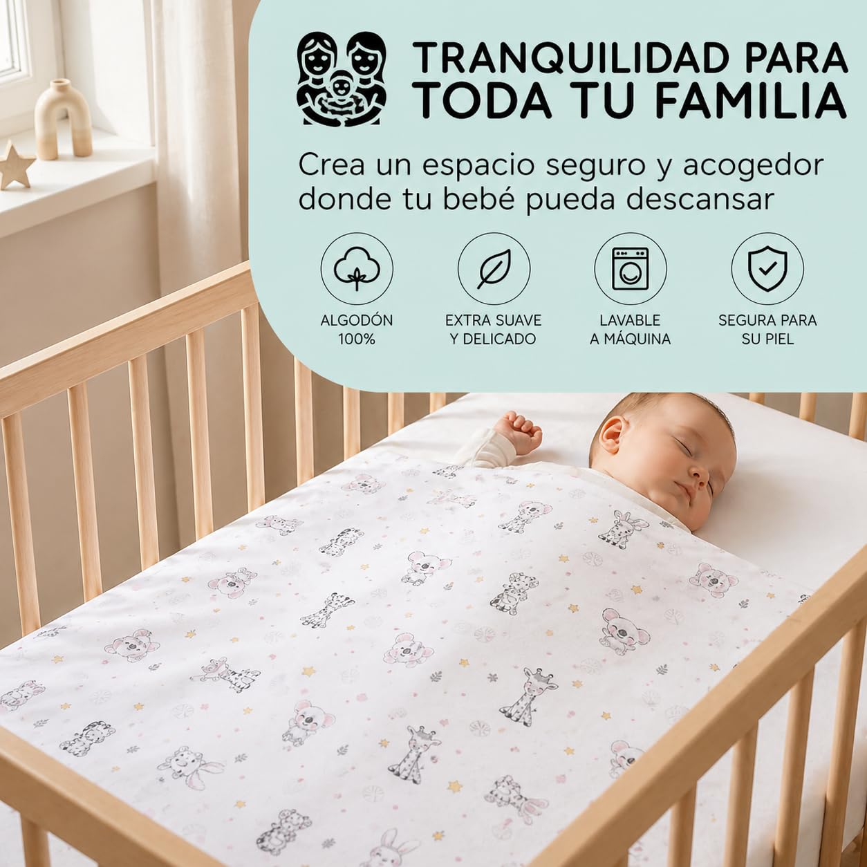 Juego 3 Sabanas Cuna 60x120 100% Algodon con Sabana Bajera Transpirable Ajustable Lavable + Encimera y Funda Almohada Suave Pack Descanso de Bebes y Recien Nacidos Diseño Animalitos Chupetero Regalo