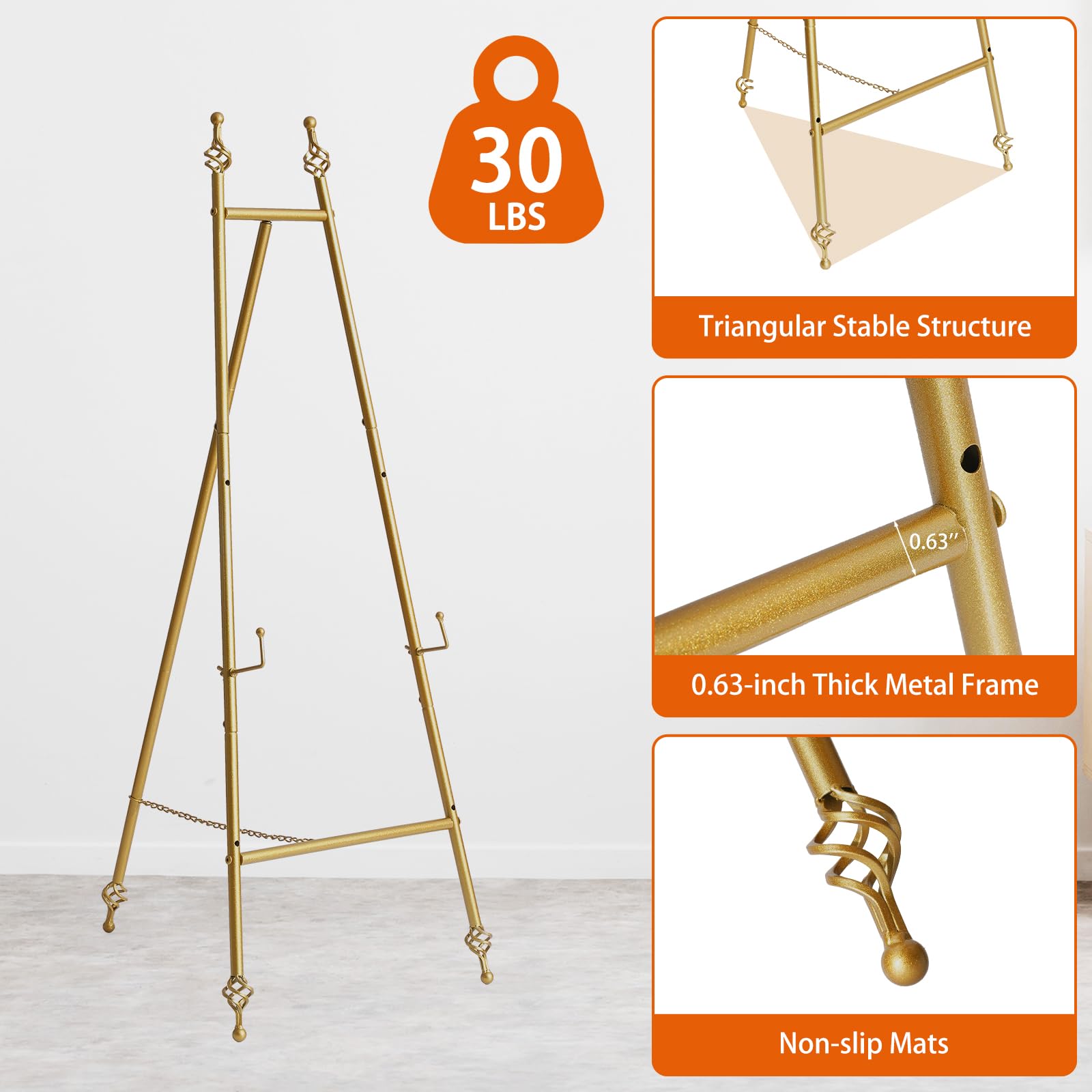 Caballete de metal con soporte de cadena para espejo, caballetes de piso de hierro para exhibición de letreros de boda, caballetes ajustables de 58 pulgadas para artes y manualidades (dorado)