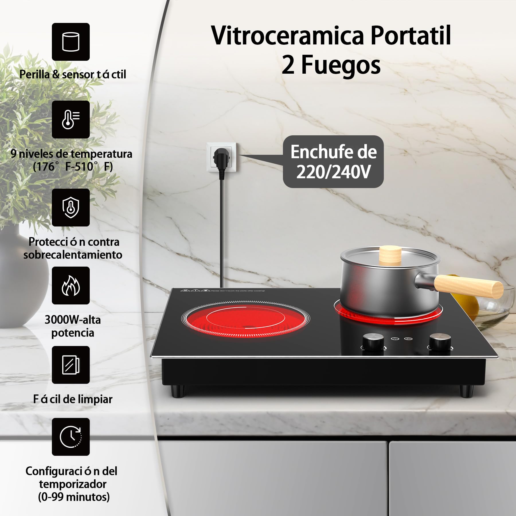 VBGK vitrocerámica 2 fuegos,3000W Empotrable y de sobremesa vitrocerámica 2 fuegos，9 niveles de potencia, temporizador y bloqueo de seguridad para niños.