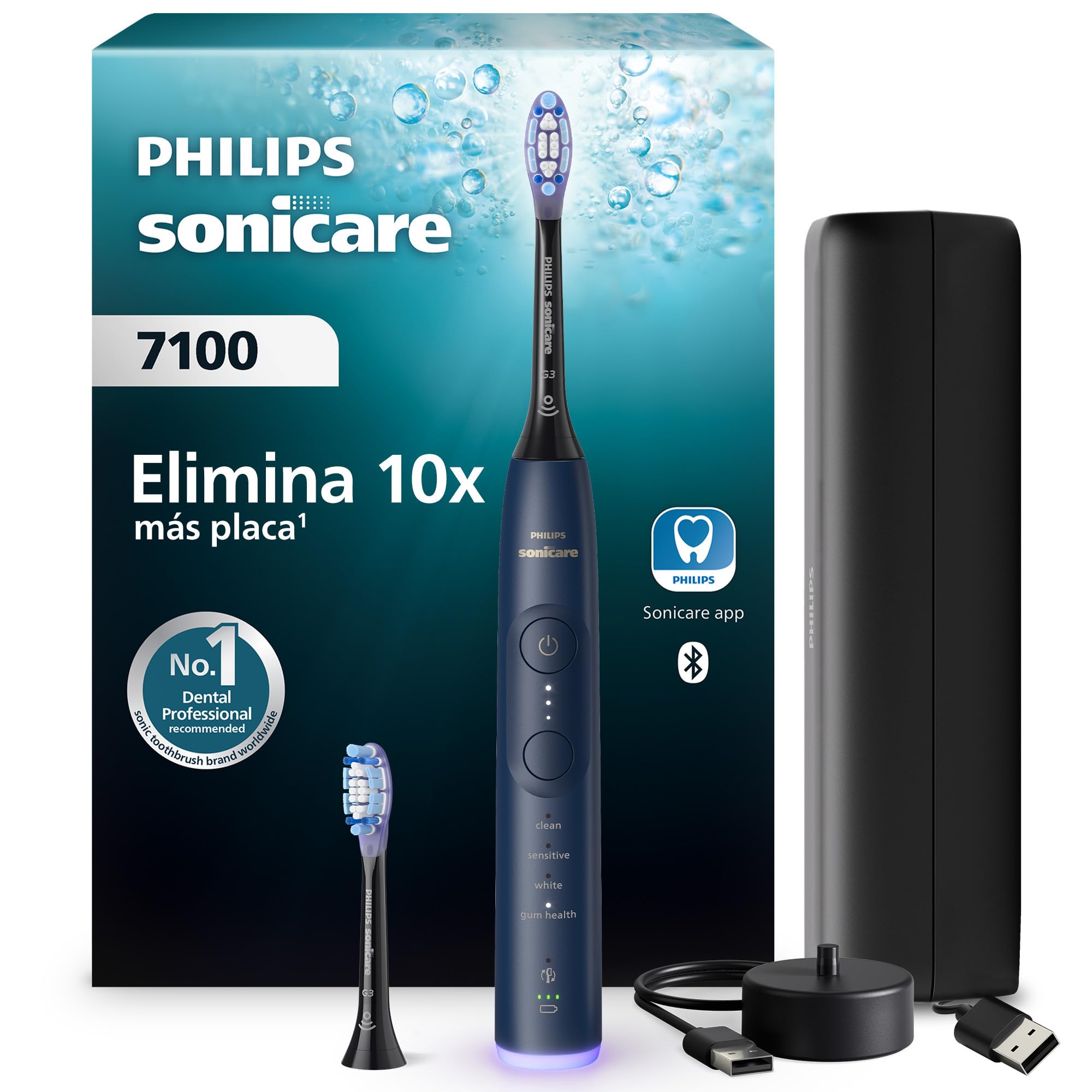 Philips Sonicare 7100 cepillo dental eléctrico, sónico, 4 modos de cepillado, 3 niveles de intensidad, alerta de presión, EasyStart, SmarTimer, azul marino, HX7423/01 [Nueva Tecnología]