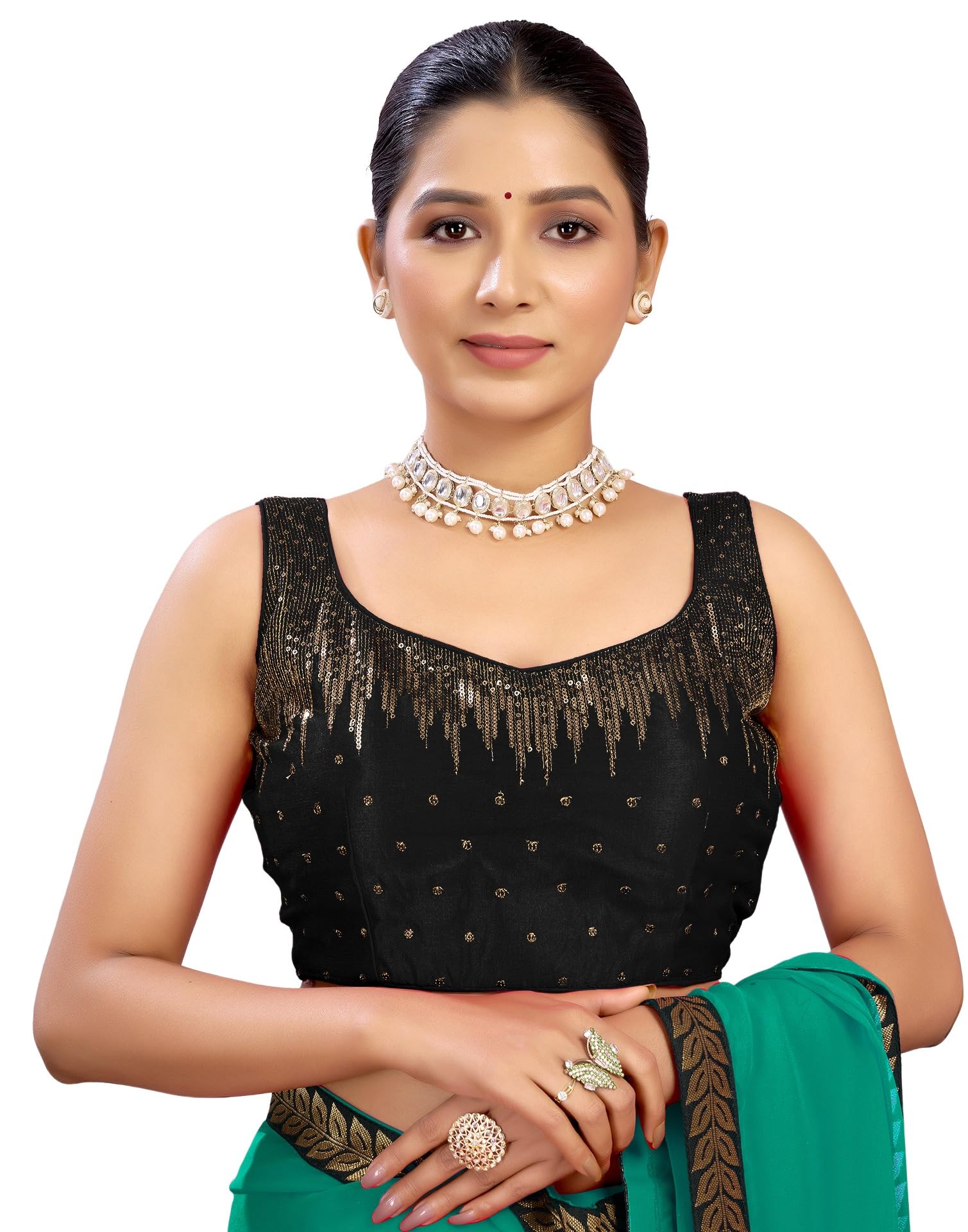 Readymade Saree Blouse for Women | Silk Blend Sequence Embroidery Sleeveless Blouse | Stitched Padded Blouse-image-33