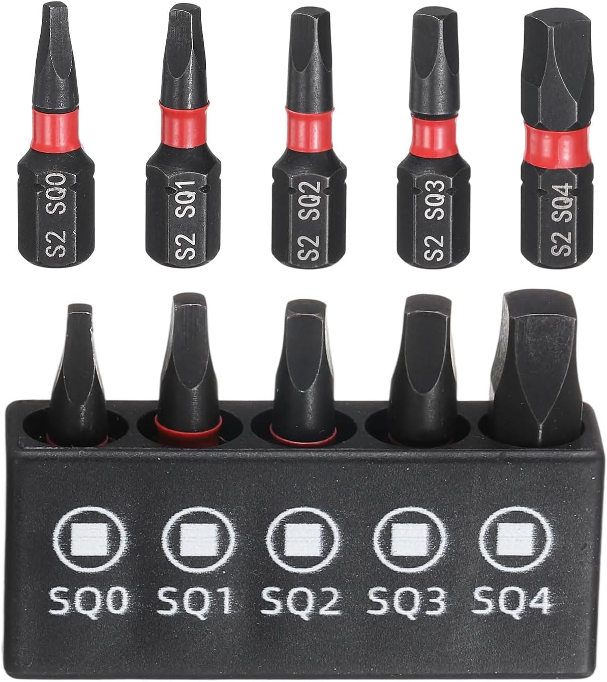 HARFINGTON 5pcs Square Screwdriver Bit Set SQ0 SQ1 SQ2 SQ3 SQ4 S2 Steel 1/4" Hex Shank Magnetic Power Drill Bits with Bit Holder