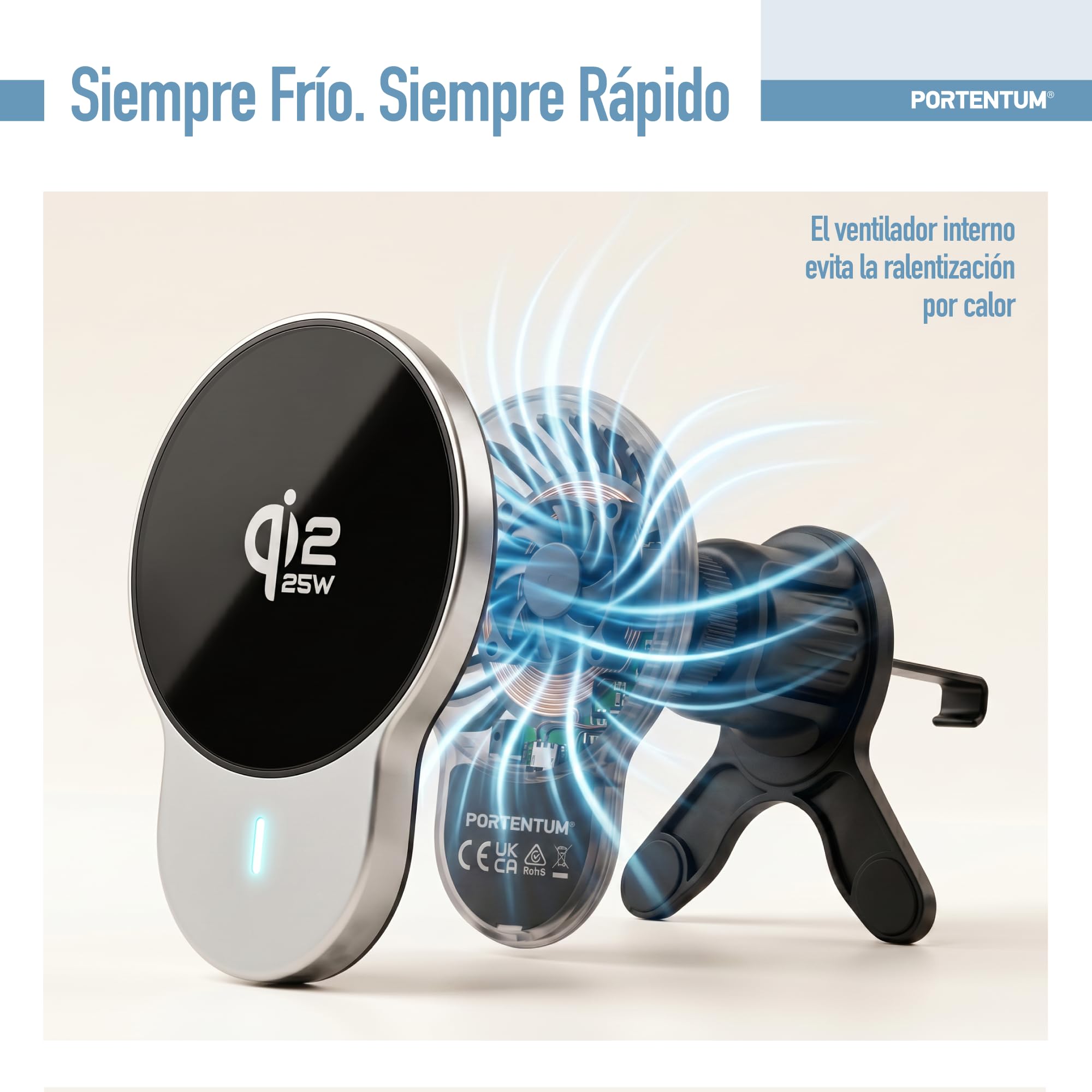 PORTENTUM Cargador inalambrico Coche Qi2.2 25W Certificado en 2026 – Refrigeración Activa – Potentes imanes N52 – Soporte magnetico movil Coche y Cable USB-C 60W – Compatible con MagSafe, iPhone y Qi