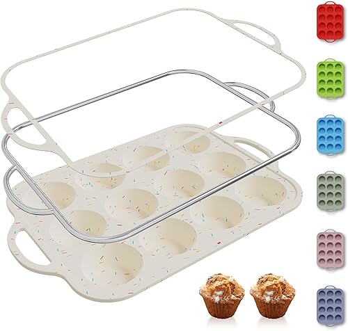 Miniatura 41 de 2 paquetes de 12 tazas de molde para magdalenas de silicona para hornear con marco reforzado de metal, molde para cupcakes de tamaño regular, molde