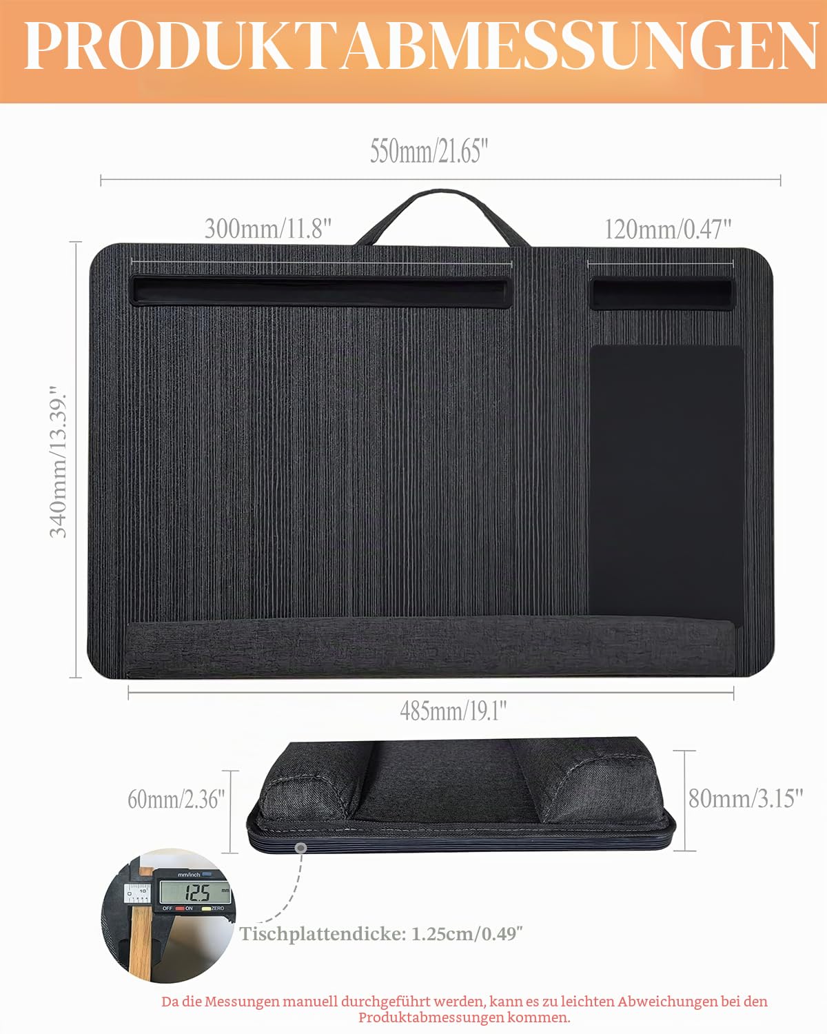 Laptopunterlage 55x34cm für Heim Bett Sofa mit Knietablett mit Kissen,Handgelenkauflage Handyhalter, Laptop Kissen für max 17.3” Notebook, mit mini-klappbarem Gerätehalterr (Schwarz)