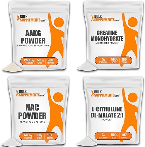 BULKSUPPLEMENTS.COM AAKG Polvo (arginina alfa-cetoglutarato) 17.64oz, con monohidrato de creatina en polvo 17.64oz y polvo NAC (N-acetil L-cisteína)