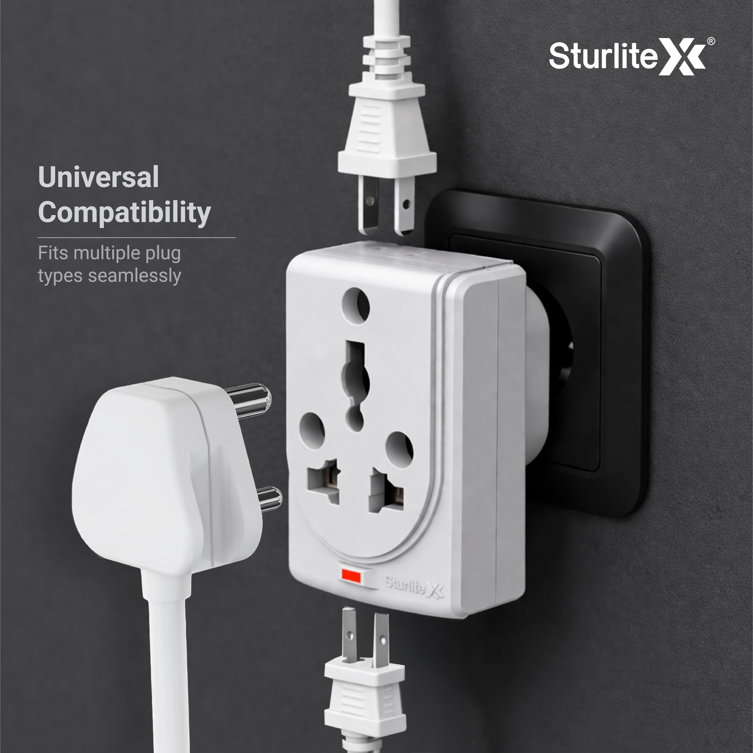 Sturlite Konvert Multiplug| 6-16 Amp| 2-Pin & 3-Pin Socket| Universal AC Travel Adapter| Premium Polycarbonate Body Socket| Compact Converter Plug for Travel, Home & Office Use - Pack of 10 3