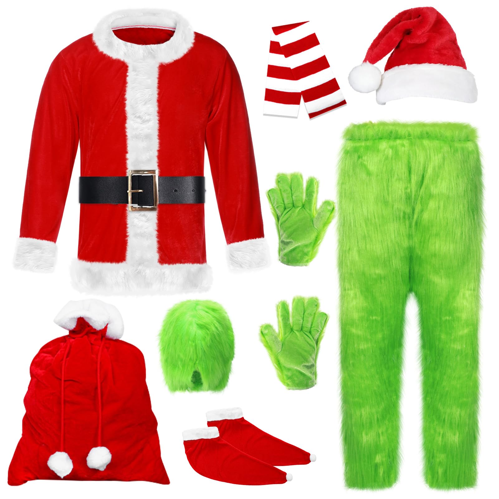 Suffolly 8PCS Adult Green Monster Christmas Costume for Men Christmas Santa Claus Outfit (Green, XXL)