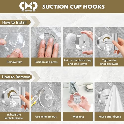 Miniatura 7 de 4 ganchos de ventosa para ducha y ventana de cristal, ganchos de succión de baño resistentes sin taladrar para toallas, abrigos, batas, lufa, níquel