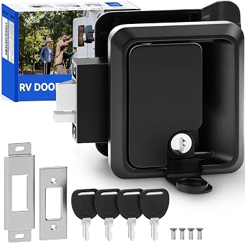 Single Deadbolt RV Lock - Black 100% Metal Keyed Entry Door Lock Replacement for Camper, Trailer, Motorhome 2.92"x3.39"x1.35" Lock Hole, 4 Anti-Copy Keys