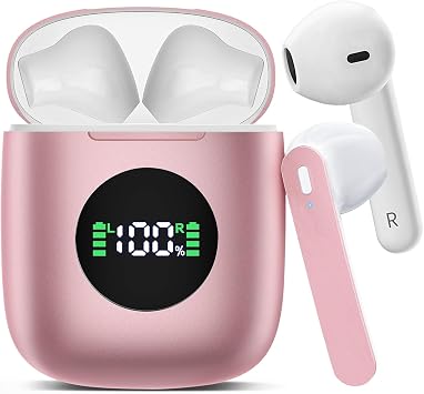 Wireless Earbuds, Bluetooth Headphones with HiFi Stereo Noise Cancelling Mic, USB-C Charging Case, 50H Playtime with LED Display, IPX7 Water Resistant in Earphones for Sports, Travel, Pink