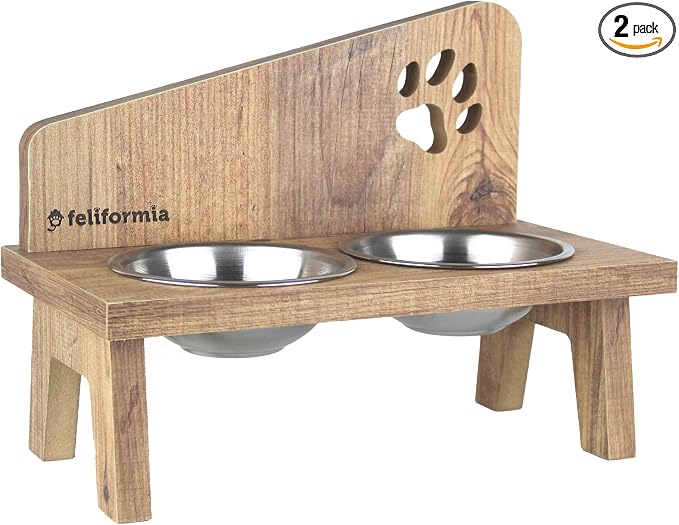 Feliformia® - Cuenco para gatos (600 ml, soporte de madera, con dos cuencos, acero inoxidable)