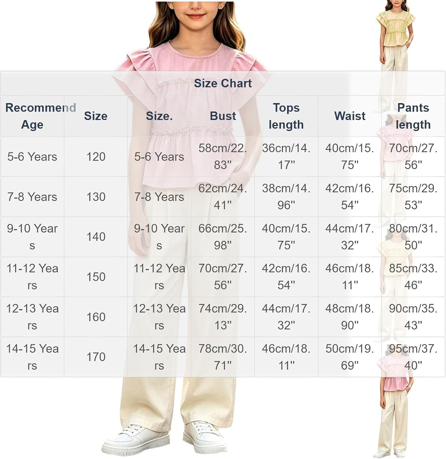 Two Piece Outfits for Girls with Ruffle Trim Short Sleeve Ruched Crewneck Shirt High Elastic Wide Leg Pants for Daily