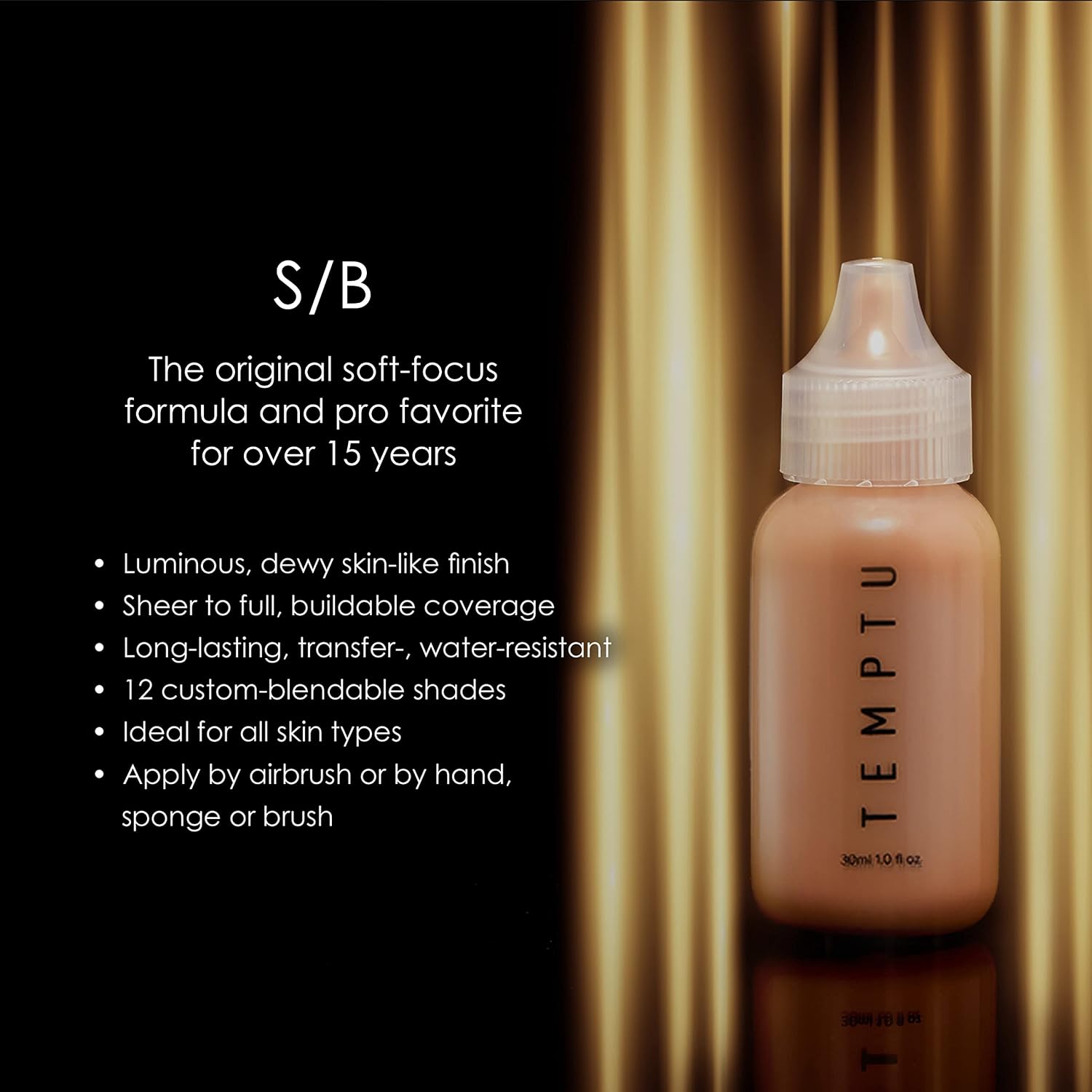 TEMPTU S/B Silicone-Based Airbrush Foundation: Professional Long-Wear Liquid Makeup, Sheer To Full Coverage For A Hydrated, Healthy-Looking Glow & Luminous, Dewy Finish On All Skin Types, 12 Shades