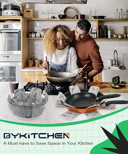 Miniatura 6 de BYKITCHEN Protectores de ollas y sartenes para apilar, juego de 9 y 3 tamaños, separadores de sartenes de fieltro para ahorrar espacio, protectores