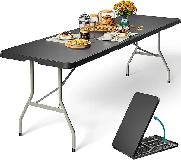 YITAHOME 8FT Folding Tables, Heavy Duty Folding Table with Carrying Handle, Plastic Fold up Table for Outdoor Camping Picnic Parties/Indoor Events, Black Folding Table 8 FT Black