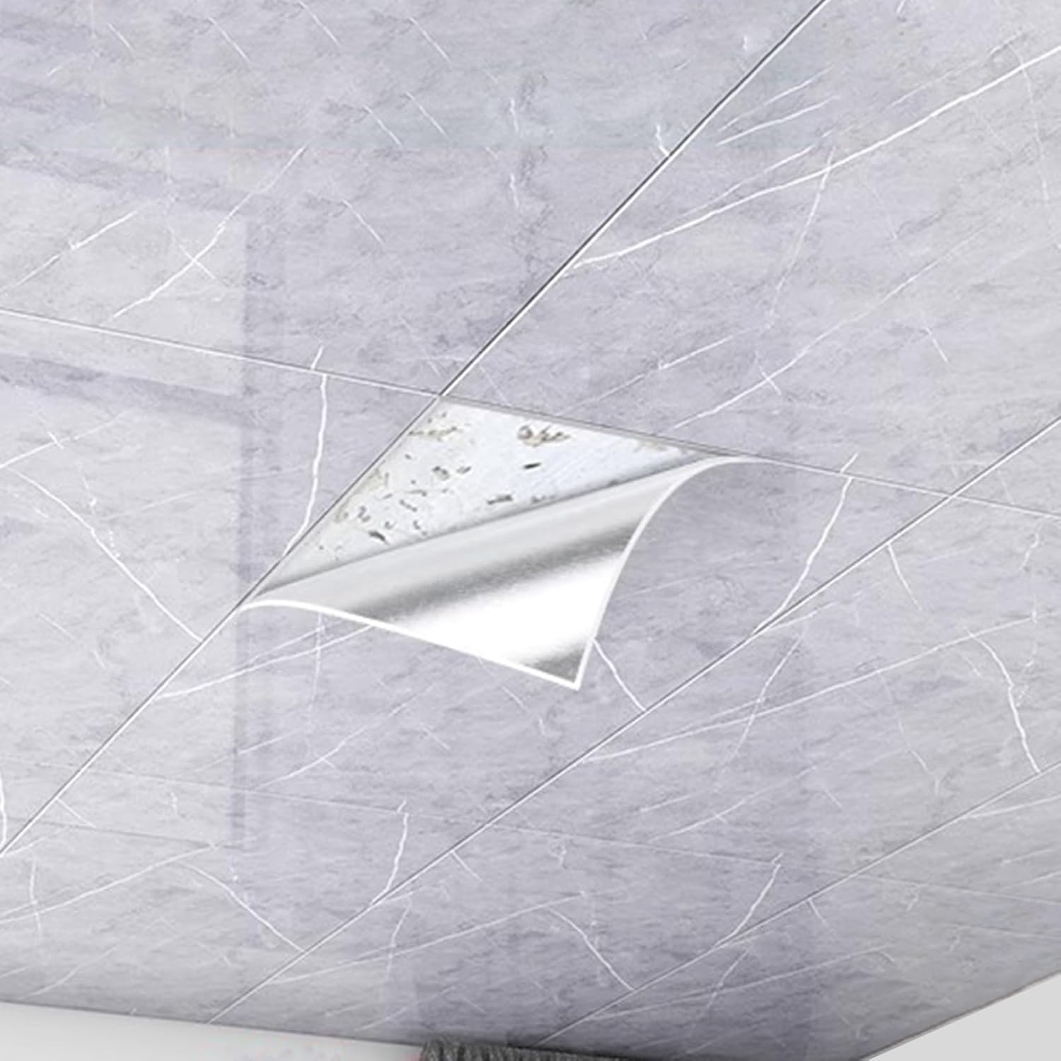 Kunovo Ceiling Tiles Peel and Stick Bathroom Ceiling Panels, Self Adhesive PVC Decorative Ceiling Tiles - Waterproof & DIY, Glue Up Wallpaper with Marble Texture(ligjt Grey,10pcs)