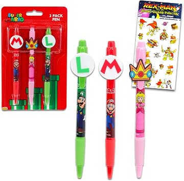 Super Mario Pen Set - Bundle of 3 Pens with Clip Plus Stickers
