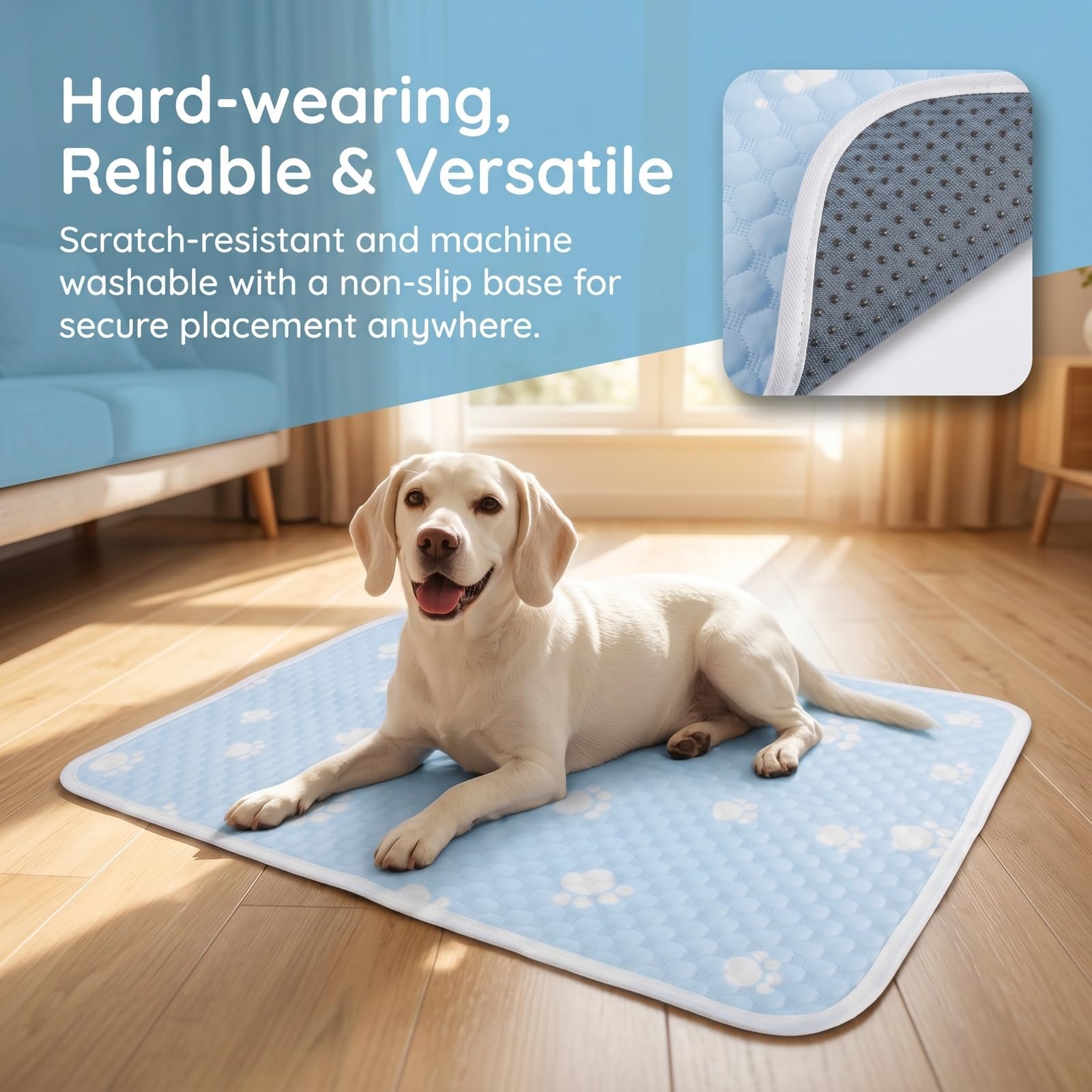 Cama Perro Verano, 70x55 cm Alfombra Perro Refrescante, Manta Gato Transpirable y Absorbente, Cojin Perro Antideslizante para Interiores y Exteriores (Azul)