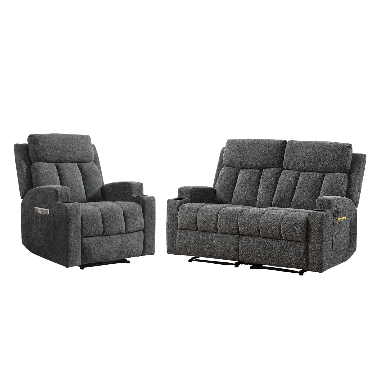 CANMOV Manual Recliner Sofa Set, Fabric Recliner Living Room Furniture Sets, 1 Seat Reclining Chair and a Loveseat Furniture Set with Side Pockets and Cup Holders, Dark Grey view 9