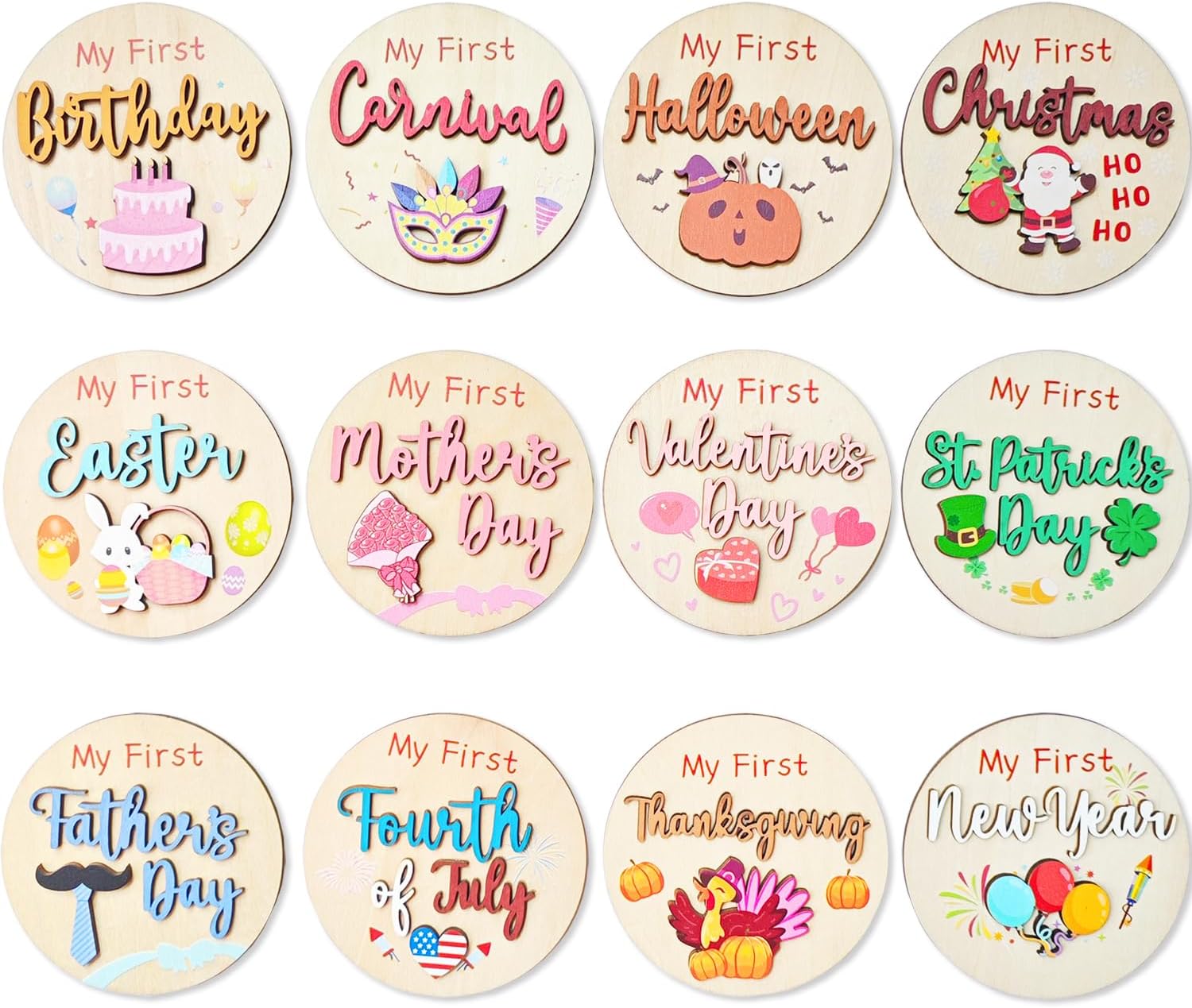 12PCS My First Holiday Baby Milestone Signs, Double-deck Wooden Discs with 3D Design, Newborn Photography Props Announcement Cards for Baby Shower, Christmas Party Favors Gifts