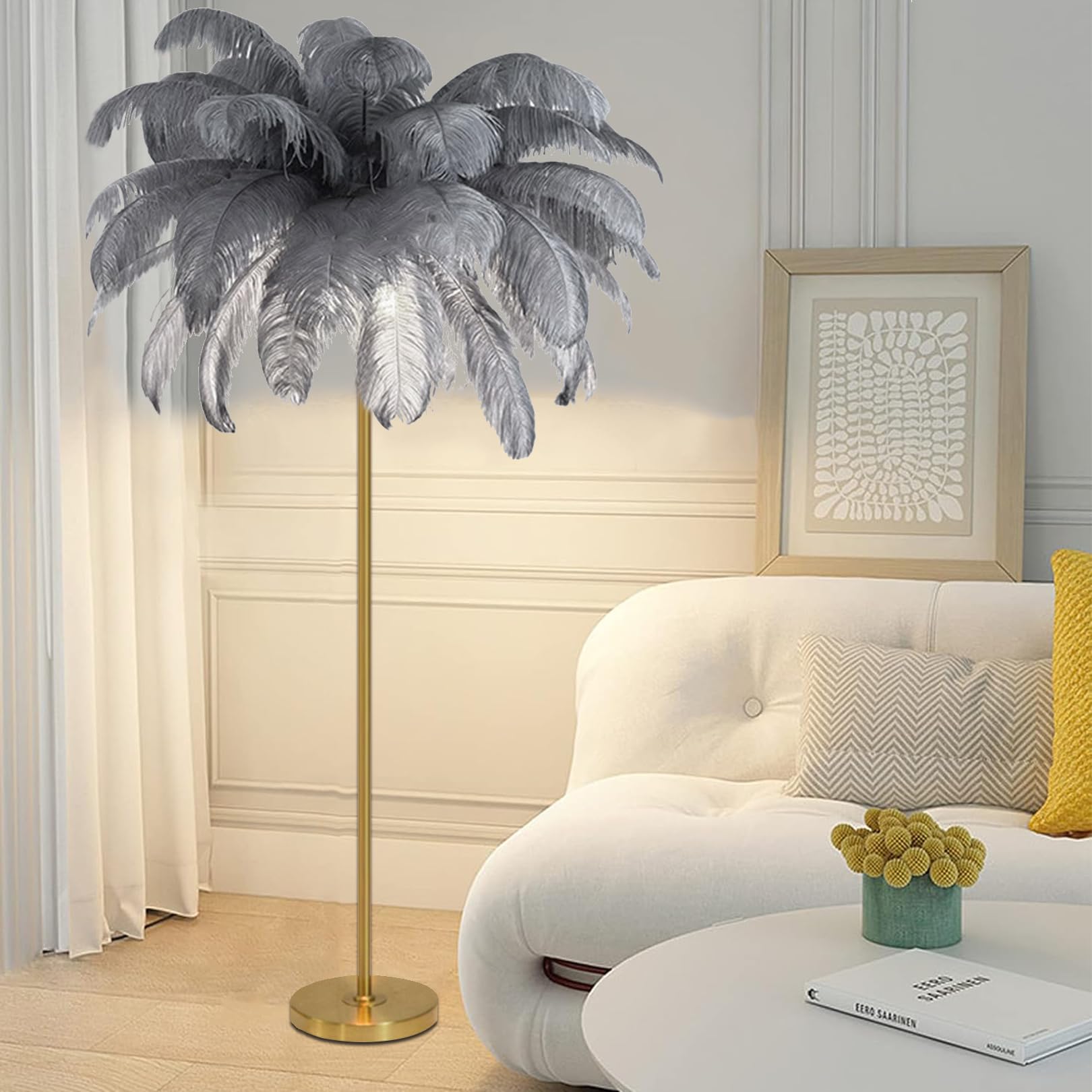 Feather Floor Lamp, Natural Ostrich Feather Standing Lamp, Simple Bedroom and Living Room Decor Lamp, Golden Lamp Body, 3-Color Dimmable with G4 LED Bulb