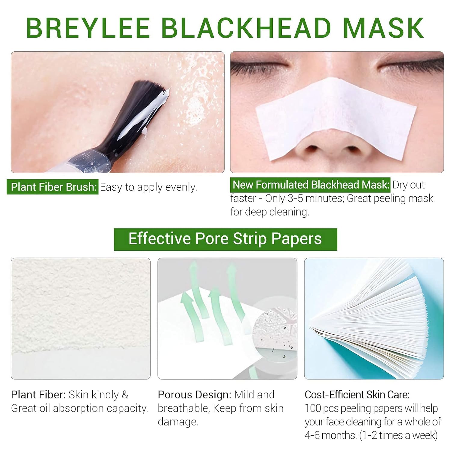 BREYLEE 3 in 1 Blackhead Removing Kit,Blackhead Remover, Tea Tree Oil Blackhead Remover Mask Kit, Blackhead Solution Kit Nose Strips Pore Strips Peeling Mask Set : Beauty & Personal Care