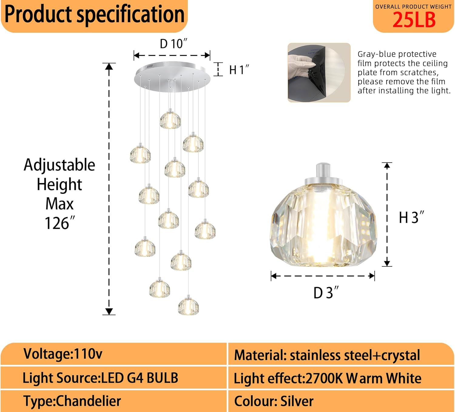 Modern LED Crystal Ball Chandelier Silver 12-Light Raindrop Chandeliers for Foyer Entrance K9 Crystal Chandeliers for High Ceiling