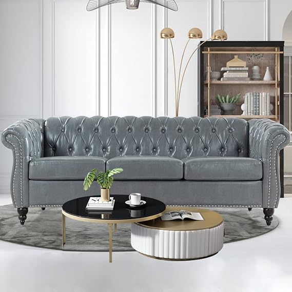 Chesterfield Sofa,Grey 3 Seater Sofas,Button Tufted Faux Leather Couch for Living Room Bedroom Office