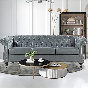 Chesterfield Sofa,Grey 3 Seater Sofas,Button Tufted Faux Leather Couch for Living Room Bedroom Office